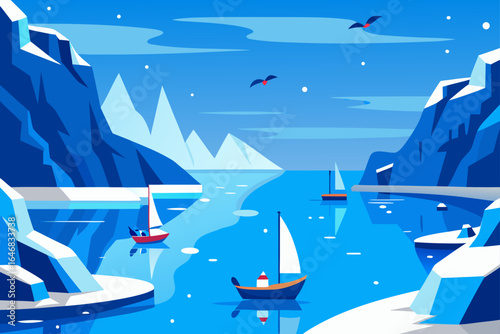 Sailboats navigate a serene arctic landscape with icebergs and mountains