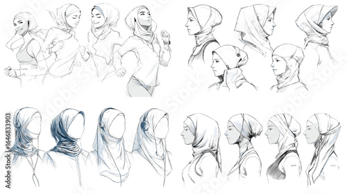 Elegant hijab sketches featuring sportswear and casual styles in artistic line drawing. Perfect for fashion design, sports illustration, and apparel concepts.