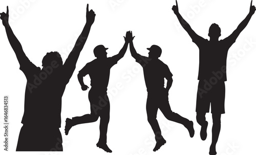 Happy friends or team players celebrating victory with high five and raised arms