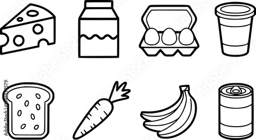 Cheese milk eggs cup bread carrot bananas can vector
