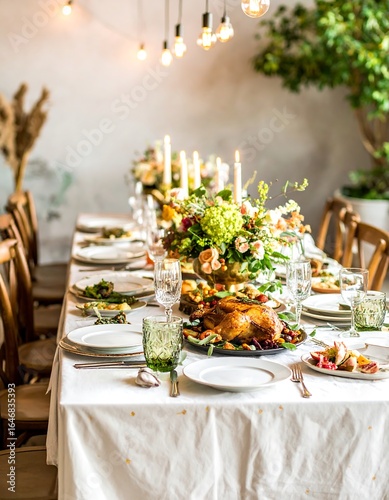 Festive dinner table setting with centerpiece