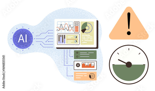 Dashboard with AI chip, analytics charts, speed gauge, and alert sign. Ideal for AI, data analysis, automation, monitoring cybersecurity risk management innovation themes. Simple flat metaphor
