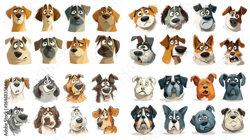 Fun cartoon dog illustration set with expressive faces and unique breeds. Ideal for children’s books, stickers, pet branding, and playful graphic designs.