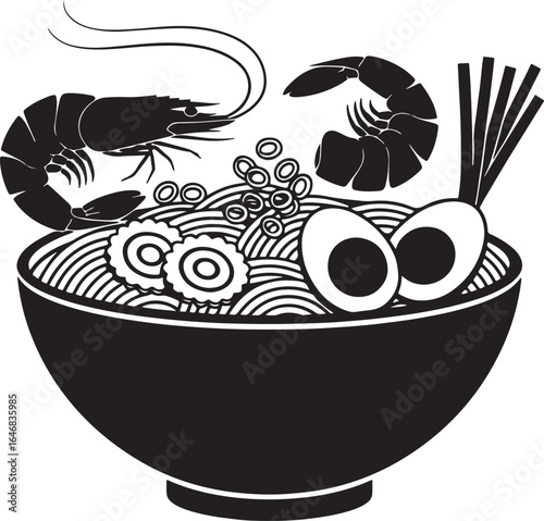 Black and white illustration of a bowl of ramen noodles with shrimps eggs and green onions