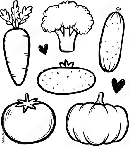Hand drawn vegetables and hearts carrot broccoli
