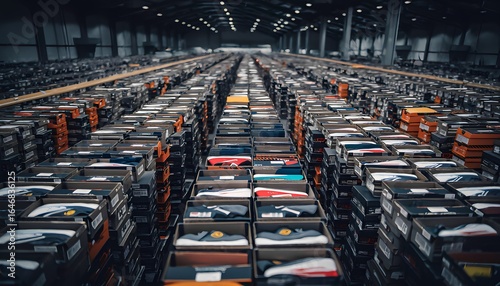 Warehouse for marketplace goods. A lot of boxes with footwear stacked on pallets, no people, high angle view.