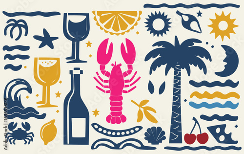 Bold, colorful illustration depicts a pink lobster, blue palm tree, and yellow sun. Surrounding elements include drinks, waves, and stars, evoking a tropical vibe.