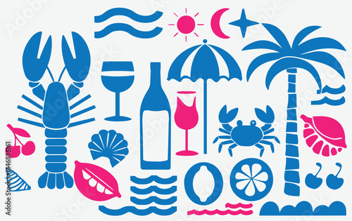 Silhouettes of tropical elements lobster, crab, palm tree, wine, umbrella, sun, seashells, waves, and cherries, in blue and pink tones. Playful beach vibe.