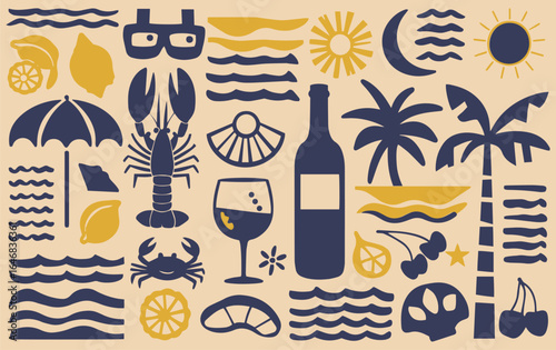 Abstract summer illustration with navy and mustard icons palm trees, sun, moon, wine bottle, lobsters, waves, umbrella, and sunglasses on peach background.