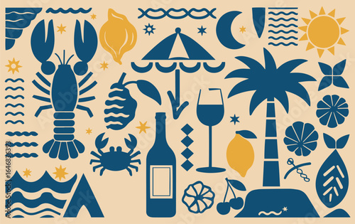 Blue and yellow nautical-themed icons on beige lobster, crab, palm tree, wine glass, sun, umbrella, waves, seashell, and fruit evoke a summer vibe.