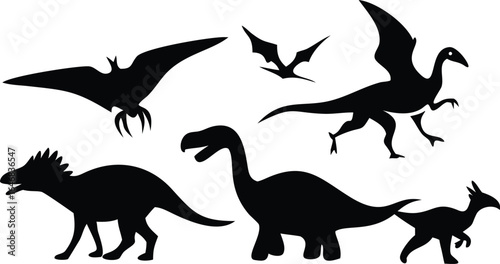Black silhouettes of various dinosaurs and flying reptiles Keywords: dinosaur, silhouette, black
