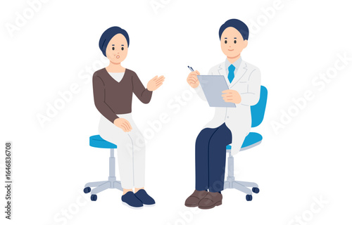 問診する男性医師と中年の女性患者【人物ベクターイラスト素材】