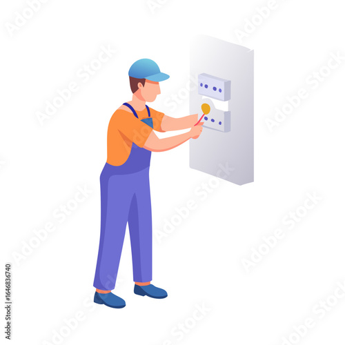 Electrician inserting a plug into a socket isolated on white background