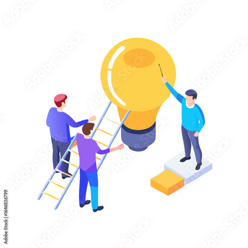 Team members collaborating to achieve a bright idea isolated on white background