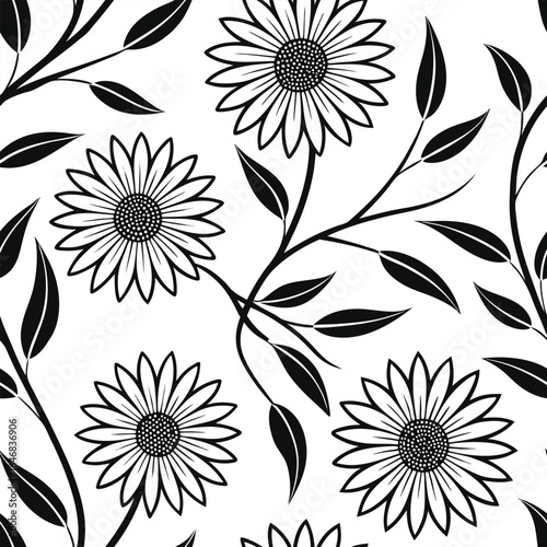 Black and white seamless pattern with sunflowers and leaves floral background