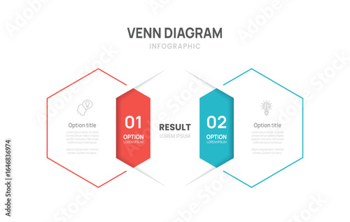 Venn diagram business infographic Hexagon chart template 2 options, presentation with venn diagram elements vector illustration.