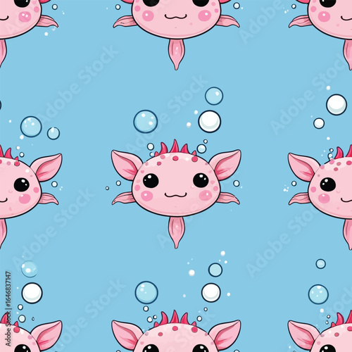 Adorable Axolotl Repeat Pattern Playful Cartoon Design For Kids Products Textiles And Creative Backgrounds With Smiling Salamanders And Bubbles
