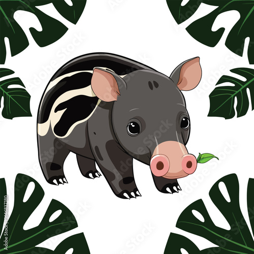 Cartoon Malayan Tapir With Monstera Leaves Adorable Wildlife Illustration For Childrens Books Educational Materials And Conservation Awareness Campaigns With Its Unique Coloration And Curious
