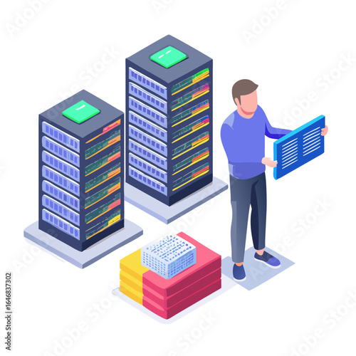 Engineer installing a server panel in a data center isolated on white background
