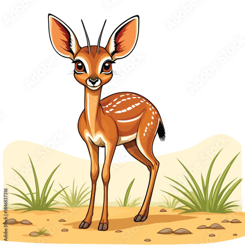 Charming Dik Dik Antelope Illustration Adorable Wildlife Cartoon For Childrens Books And Educational Material Featuring Detailed Vector Art On A Simple Desert Background