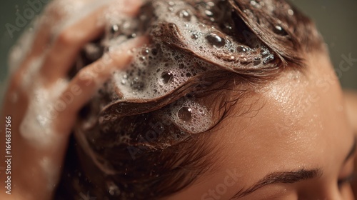 A woman gently massages her scalp while washing her hair with shampoo in a cozy bathroom during the evening. The bubbles create a soothing atmosphere as she enjoys the moment