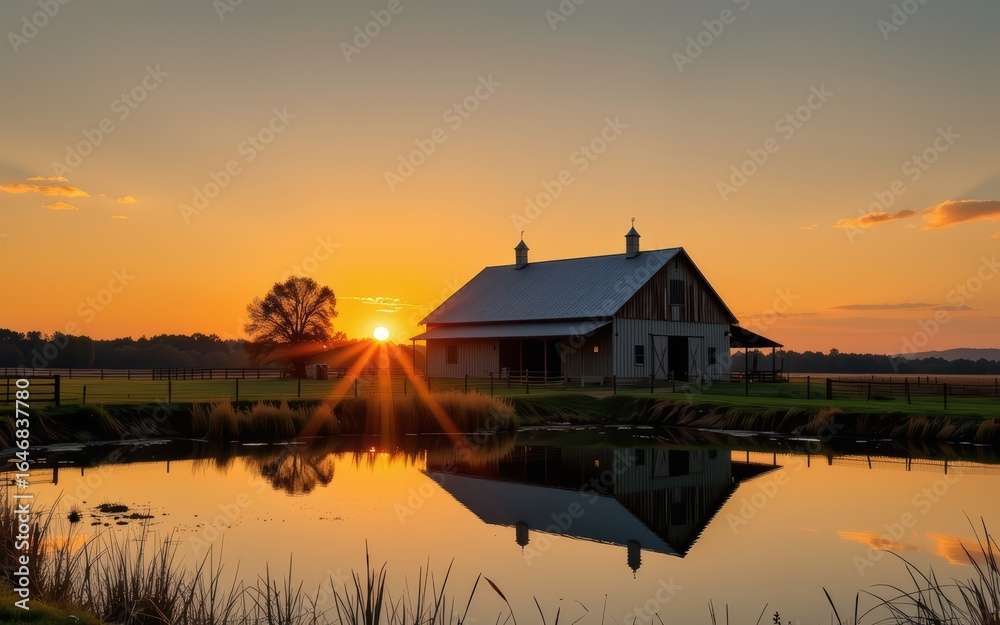 Fototapeta premium barndominium homes concept. Serene sunset over a rustic barn by a reflective pond.