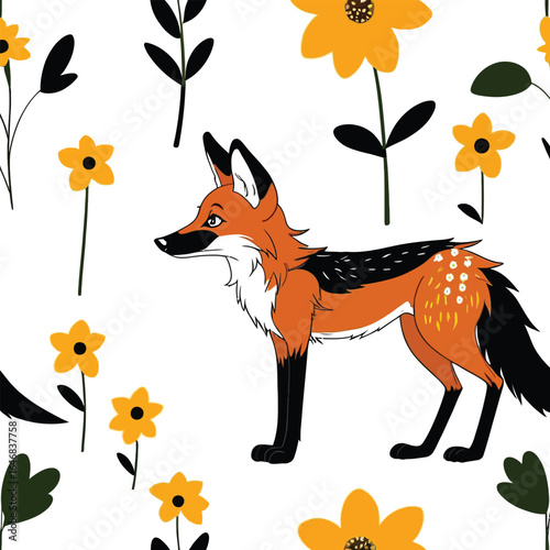 Playful Jackal And Floral Pattern Whimsical Animal Illustration For Textile Design And Childrens Prints Wallpaper Decorative Art