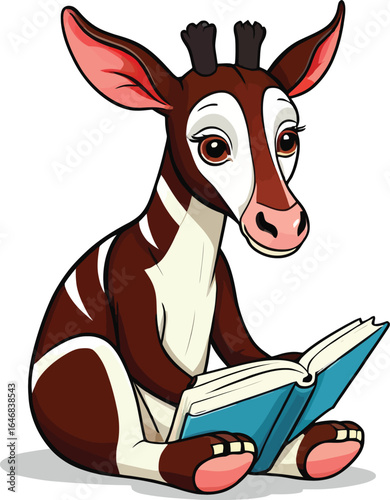 Cute Cartoon Okapi Reading Book Educational Illustration For Childrens Books School Projects And Animal Themed Designs In A Playful Style
