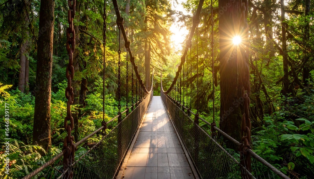 Obraz premium Lush forest canopy, suspension bridge