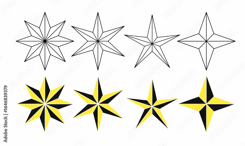 Obraz premium Vector illustration icon set of polygon star in black and yellow, featuring 4, 5, 6 and 8 point star variations, outline and silhouette filled styles, for maps, navigation, and design elements.