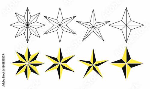 Vector illustration icon set of polygon star in black and yellow, featuring 4, 5, 6 and 8 point star variations, outline and silhouette filled styles, for maps, navigation, and design elements.