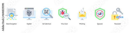 Data Fortress web banner icon vector illustration featuring Data Encryption, Exploit, QR Code Scan, Virus Scan, Phishing, Spyware, and Password.