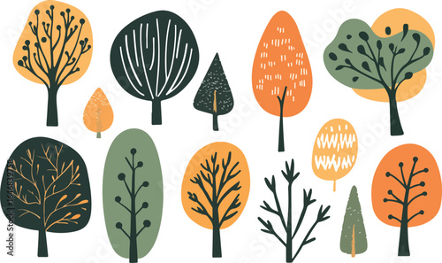 Colorful Hand Drawn Trees Pattern on White Background Illustration