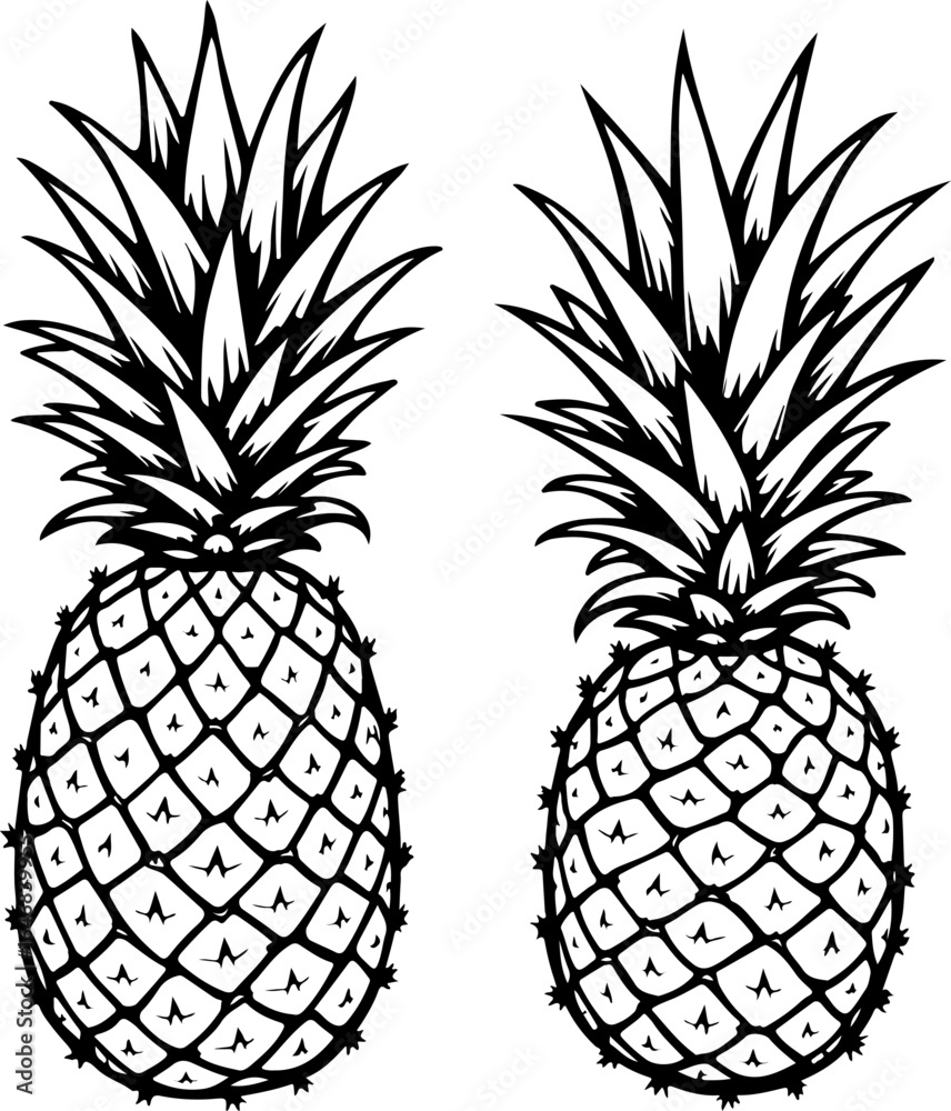 Obraz premium pineapple, fruit, tropical, silhouette, black and white, white, vector fruit, vector bundle