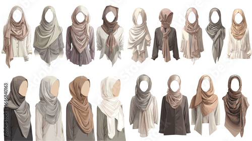 Elegant hijab fashion set showcasing various modern scarf styles in neutral tones. Perfect for modest fashion design, clothing catalogs, and style inspiration.
