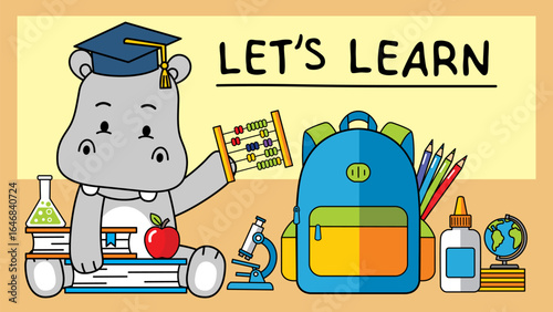 Cartoon hippo character holding abacus with school backpack pencils books and science tools for children education background. Children concept
