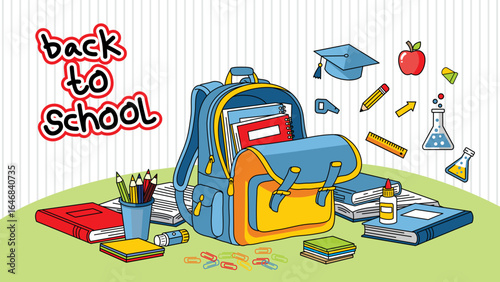 Cartoon school backpack surrounded by books pencils graduation hat and science icons for education theme background. Education concept
