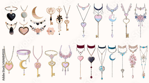 Elegant fantasy necklace jewelry collection with heart, moon, star, and key designs in pastel and metallic tones for fashion and magical themes.