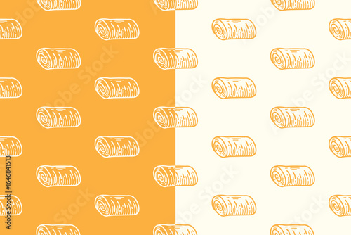 Egg roll line art seamless pattern on yellow white background. Rolled sponge cake engraving doodle pattern background. Sweet dessert pastry hatching motif wallpaper for packaging and merchandise
