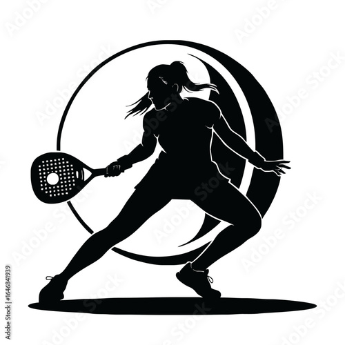 Silhouette of a female padel player in action, dynamic pose, holding paddle.
