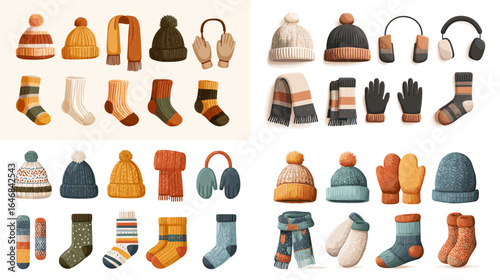 Cozy winter accessories illustration set with hats, scarves, socks, gloves, and earmuffs in warm seasonal colors, perfect for fashion and holiday themes.