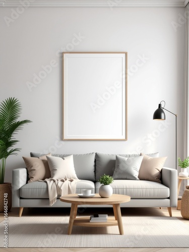 Modern living room interior with blank picture frame and cozy furniture