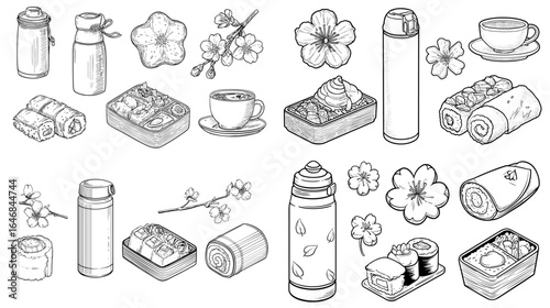 Black and white Japanese bento and tea illustration set with sushi, thermos, cups, and cherry blossoms, perfect for Asian food and culture themes.