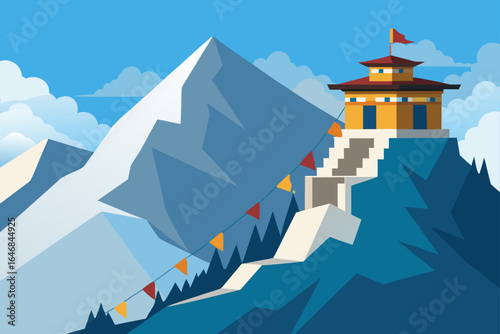Buddhist monastery perched on a snowy mountain peak under a blue sky