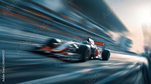 A racing car speeds down the track, showcasing dynamic motion and powerful presence during a competitive event at sunset. Vivid colors highlight the excitement of motorsport