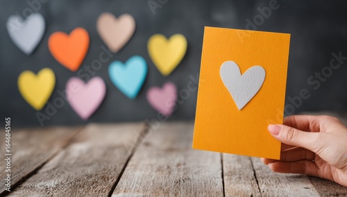 Hand holding an orange card with a white heart, colorful hearts in the background