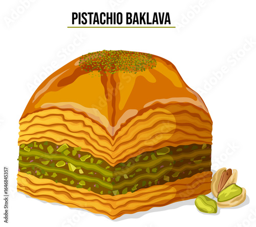 Pistachio Baklava Slice - Traditional Middle Eastern Layered Pastry Dessert Illustration