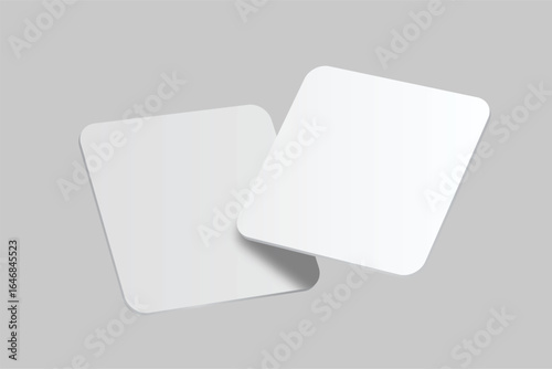 3D vector mockup of square blank beer coasters, isolated on background. Empty coaster lying for branding, pub, bar, restaurant, cafe, drinkware, bottle, can, cup holder and promotional product design
