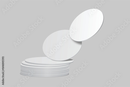 3D vector mockup of round blank beer coasters, isolated on background. Empty coaster lying for branding, pub, bar, restaurant, cafe, drinkware, bottle, can, cup holder and promotional product design
