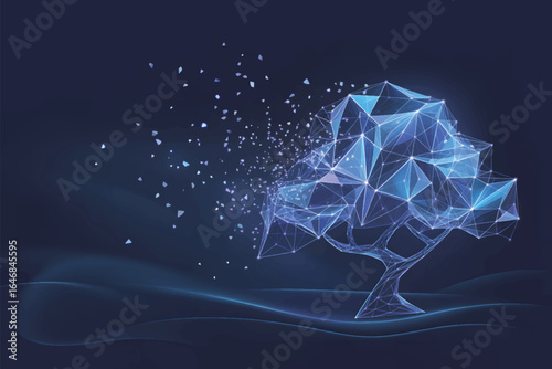 A digital art illustration of a mystical glowing blue tree on a deep blue background